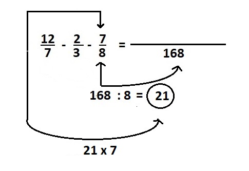 Nesta figura, é mostrado a multiplicacao da divisao entre o mmc e o denominador da terceira fracao