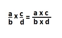 Nesta figura, mostramos a forma geral da multiplicação de duas frações. Numerador vezes numerador e denominador vezes denominador.
