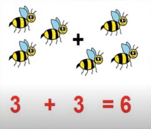 na figura temos o desenho de três abelhas, o sinal de adição e mais duas abelhas. Embaixo está escrito: (3 + 3 = 6)
