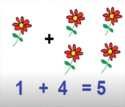 na figura temos o desenho de uma flor, o sinal de adição e mais quatro flores. Embaixo está escrito: (1 + 4 = 5)