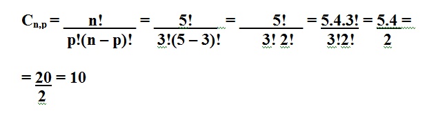 nesta figura temos o símbolo da combinação simples que é um C maiúsculo com os índices n e p ao lado. O C é igual a fatorial
          de n dividido por p fatorial vezes (n menos p) fatorial que é igual a 5 fatorial dividido por 3 fatorial vezes (5 menos 3) fatorial.
          Isso é igual a 5 fatorial dividido por 3 fatorial vezes 2 fatorial que é igual a 5 vezes 4 vezes 3 fatorial dividido por 3 fatorial
          vezes 2 fatorial. E isso é igual a 5 vezes 4 dividido por 2 que é igual a 20 dividido por 2 que é igual a 10.