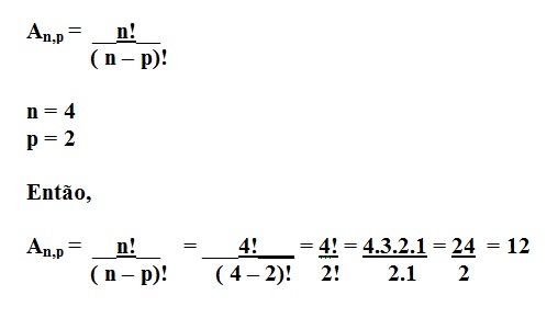 na figura temos o símbolo do arranjo, a letra A com os índices n e p logo abaixo igual a n fatorial dividido por (n menos p) fatorial.
           Temos também n = 4 e p = 2. Em seguida A com índice 4 e 2 igual a 4 fatorial dividido por (4 menos 2) fatorial igual a 4 fatorial
           dividido por 2 fatorial. Isso é igual a 4 vezes 3 vezes 2 vezes 1 dividido por dois vezes um que é igual a 24 dividido por 2 que 
           é igual a 12.