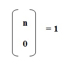 na figura temos um par de colchetes com o elemento n na primeira linha e o elemento 0 na segunda linha. Tudo isso igual a 1.
