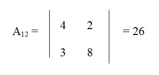 na figura temos o menor complementar A12 com os elementos 4 e 2 na primeira linha e os elementos 3 e 8 na segunda linha.
          O menor complementar é igual a 26.
