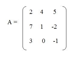 na figura temos a matriz A com os elementos 2,4 e 5 na primeira linha. Os elementos 7, 1 e menos 2 na segunda linha e os 
          elementos 3, 0 e menos 1. 