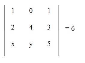 na figura temos um determinante com os elementos 1, 0 e 1 na primeira linha, os elementos 2, 4 e 3 na segunda linha e
          os elementos x, y e 5 na terceira linha. Todo esse determinante é igual a 6.