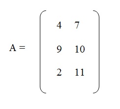 na figura temos uma matriz A de ordem 3 por 2 com os elementos 4, 7, 9, 10, 2 e 11. 