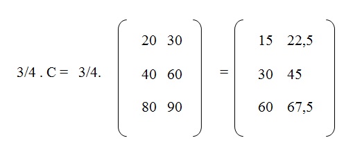 na figura temos o número 3/4 multiplicando a matriz C que resulta numa matriz de ordem 3 por 2 com os elementos 15, (22,5), 30, 45, 60 e (67,5).