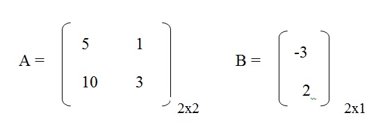 na figura temos as matrizes A de ordem 2 por 2 de elementos 5, 1, 10 e 3 e a matriz B de ordem 2 por 1 de elementos -3 e 2.