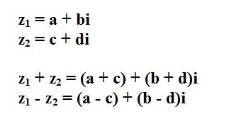na figura temos z1 = a + bi e z2 = c + di. Fazendo z1 + z2, temos z1 + z2 = (a + c) + (b + d)i.
          Fazendo z1 - z2 = (a - c) + (b - d)i.