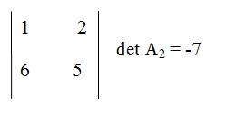 na figura temos  determinante de A2 com os elementos 1 e 2 na primeira linha e na segunda linha temos os elementos 6 e 5.
          O determinante de A2 será igual a menos 7.