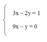 a figura tem um sistemas linear com duas equações. As equações são 3x menos 2y igual a 1 e 9x menos y igual a zero.