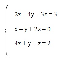 a figura tem um sistema linear com três equações. As equações são 2x menos 4y menos 3z igual a 3, x menos y + 2z = 0 
          e 4x + y menos z igual a 2.