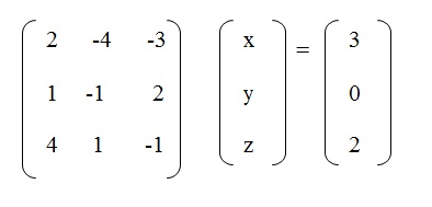 a figura tem uma matriz com os elementos 2, menos 4 e menos 3 na primeira linha, os elementos 1, menos 1 e 2 na
             segunda linha e os elementos 4, 1 e menos 1 na terceira linha. Essa matriz está multiplicando com uma matriz que tem
             x na primeira linha, y na segunda linha e z na terceira linha. Essa multiplicação de matrizes é igual a uma matriz
             que tem o elemento 3 na primeira linha, 0 na segunda linha e 2 na terceira linha.