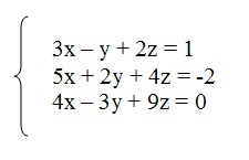 na figura temos um sistema com três equações lineares. Na primeira linha temos a equação 3x menos y mais 2z igual a 1.
          Na segunda linha, temos 5x + 2y + 4z igual a -2. E na terceira linha temos a equação 4x menos 3y mais 9z igual a 0.