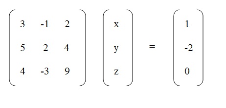 Na figura temos uma matriz com três linha e três colunas. Na primeira linha temos os elementos 3, menos 1 e 2. Na
          segunda linha, temos os elementos 5, 2 e 4 e na terceira linha temos os elementos 4, menos 3 e 9. Essa matriz
          multiplica uma matriz de uma única coluna, com os elementos x na primeira linha, y na segunda e z na terceira.
          Essa multiplicação é igual a uma matriz de uma única coluna com os elementos 1 na primeira linha, menos 2 na segunda 
          e zero na terceira.
