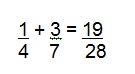 Nesta imagem, temos o resultado final da soma de fraes 1/4 + 3/7.