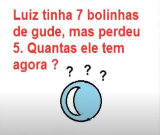 na figura está escrito: (Luiz tinha 7 bolinhas de gude, mas perdeu 5. Quantas ele tem agora ?)