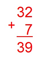 na figura temos os números 32 e 7 sendo somados. Trinta e dois com 2 números e 7 com apenas 1 número. O resultado é igual a 39.
Soma-se apenas as unidades (igual a 9) e esse resultado é menor que 10.