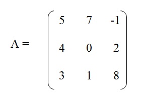 na figura temos o a matriz A com os elementos 5, 7 e menos 1 na primeira linha, os elementos 4, 0 e 2
          na segunda linha e os elementos 3, 1 e 8 na terceira linha.