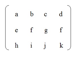 na figura temos uma matriz A de ordem 3 por 4 com os elementos a, b, c e d na primeira linha,
          com os elementos e, f, g e f na segunda linha e com os elementos h, i, j e k.