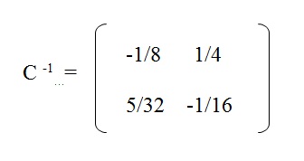 na figura temos uma matriz inversa C com os elementos menos 1/8 e 1/4 na primeira linha e 5/32 e menos 1/16 na segunda linha.