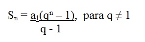 nessa figura temos a fórmula da soma dos n termos de uma pg onde a1 multiplica q elevado na n menos 1 e tudo é dividido
          por q menos 1 onde q é diferente de 1.