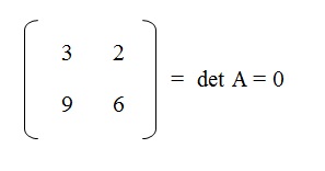 na figura temos uma matriz A com os elementos 3 e 2 na primeira linha e os elementos 9 e 6 na segunda linha.
          O determinante de A é igual a 0.