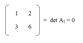 na figura temos uma matriz A1 com os elementos 1 e 2 na primeira linha e os elementos 3 e 6 na segunda linha.
          O determinante de A1 é igual a 0.